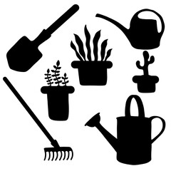 Garden tools set shovels and watering can and rake pattern for wrapping paper and fabrics and linens