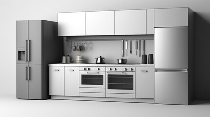 Modern kitchen with fridge, oven and cooking utensils. Modern apartment big kitchen. generative ai