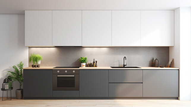 Minimalistic kitchen interior with white walls, wooden floor, dark gray counter tops. generative ai