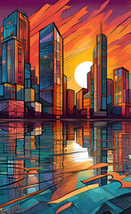 Skyscrapers at sunset, graphic perspective of buildings and reflections on water, abstract...
