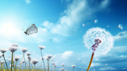 Natural pastel background. Morpho butterfly and dandelion. Seeds of a dandelion flower generative ai