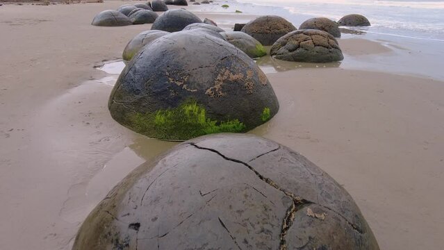 Moeraki Boulders and the ocean surf, Otago, New Zealand 