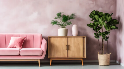 Pink velvet loveseat sofa, wooden cabinet and potted houseplant against venetian stucco wall. Scandinavian home interior design of modern living room