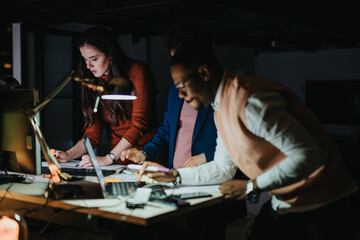 Multigenerational colleagues collaborating on a business project deadline, analyzing reports and discussing strategies for business growth.