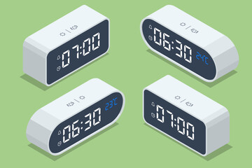 Isometric digital alarm clock with green digits. 7 am at the digital alarm clock - obrazy, fototapety, plakaty