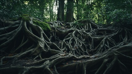 A close-up of intertwined tree roots in a lush forest, illustrating the interconnectedness and sense of belonging in the natural world.