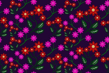 Seamless abstract floral purple background, red, pink, yellow flowers, illustration for wallpaper fabric pattern.