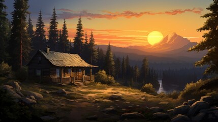 A cozy cabin nestled among tall pine trees in a remote forest clearing at sunrise, exuding a sense of serenity and belonging. - obrazy, fototapety, plakaty