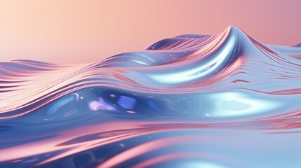 abstract 3d rendering, wavy iridescent metallic shape above the water with reflection. Modern unique wallpaper