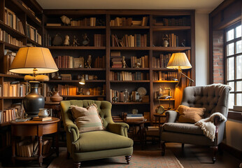 a home library, a room with shelves of books, a chair, a desk.