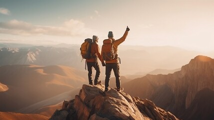 Two Hikers climbed the mountain top, clear blue sky, winter season, snowy mountains, Golden hour.