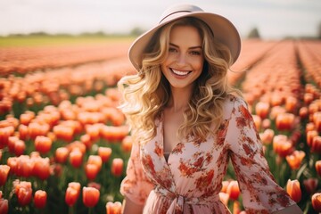 Woman in a field of flowers, fashionable Dutch woman in a tulip field, wearing a bohemian dress and hat - obrazy, fototapety, plakaty
