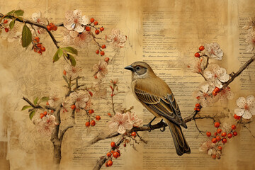 ancient chinese herbs being used for medicine, blossoming sakura branches and beautiful birds