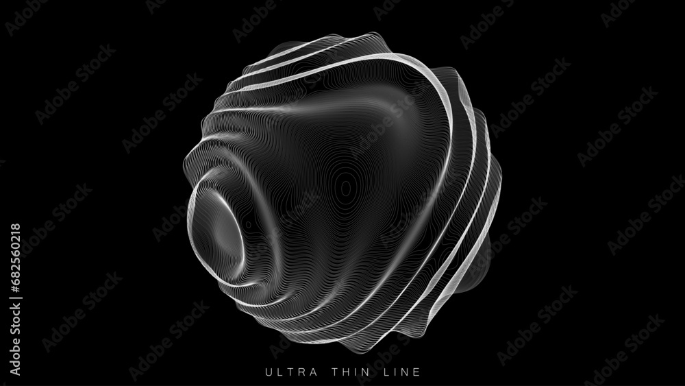 Poster ultra thin line fluid geometry. dynamic vector distorted spheres.