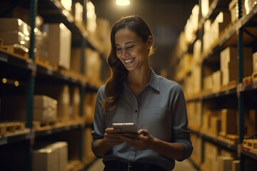 Female entrepreneur with digital tablet searching for products for delivery in a warehouse. Businesswoman searching for sold products and prepare them for shipping.