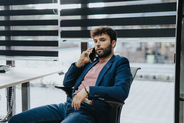 Stylish businessman talking with client during phone call at the office.