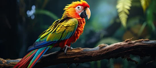 Stof per meter In the lush greenery of a tropical forest, a beautiful, colorful bird with orange feathers and a cute beak was spotted eating, its stunning red, yellow, and green colors blending harmoniously with the © AkuAku