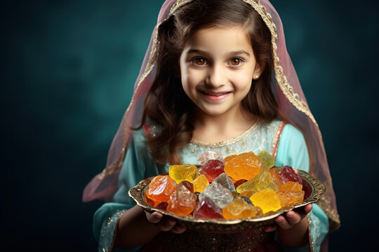 Smiling cute girl holding plate full of traditional sweet sugar candies during Ramadan kareem. Colorful sweets , Eid Mubarak.
