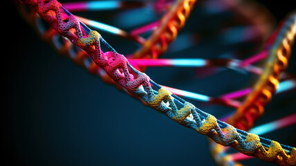 Close up of DNA genome on blue. DNA strand on blue bokeh background. Biotechnology concept.