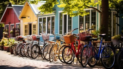 A row of colorful bicycles parked outside a quaint cafe, symbolizing the shared passion and sense of belonging among cyclists.