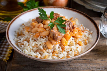 Traditional Turkish cuisine. Kuru Fasulye . Haricot Beans, rice and beans (Turkish name; pilav ustu kuru fasulye)