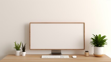 An elegant desktop computer monitor with a white screen, sitting atop a minimalist desk.