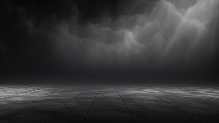 Abstract image of dark room concrete floor. Black room or stage background for product placement.Panoramic view of the abstract fog. White cloudiness, mist or smog moves on black background. - obrazy, fototapety, plakaty