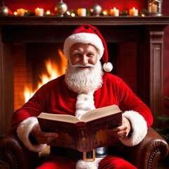 Jolly old Santa Claus reading a book, sitting by the fireplace, practicing Christmas tradition