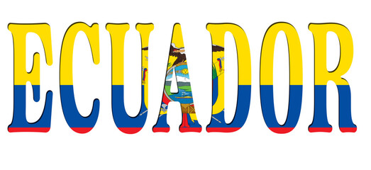 3d design illustration of the name of Ecuador. Filling letters with the flag of Ecuador. Transparent background.