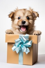A little funny adorable puppy dog pops out of a gift box