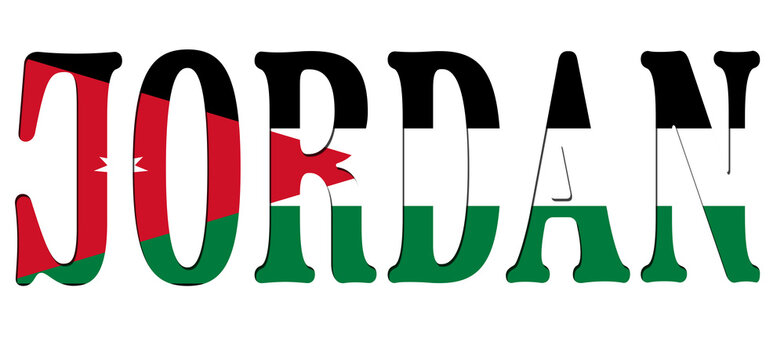 3d design illustration of the name of Jordan. Filling letters with the flag of Jordan. Transparent background.