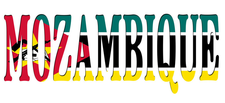 3d design illustration of the name of Mozambique. Filling letters with the flag of Mozambique. Transparent background.
