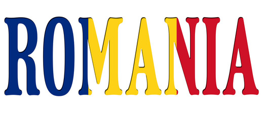 3d design illustration of the name of Romania. Filling letters with the flag of Romania. Transparent background. - obrazy, fototapety, plakaty