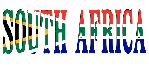 3d design illustration of the name of South Africa. Filling letters with the flag of South Africa. Transparent background.