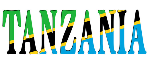 3d design illustration of the name of Tanzania. Filling letters with the flag of Tanzania. Transparent background.