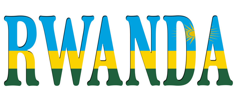 3d design illustration of the name of Rwanda. Filling letters with the flag of Rwanda. Transparent background.