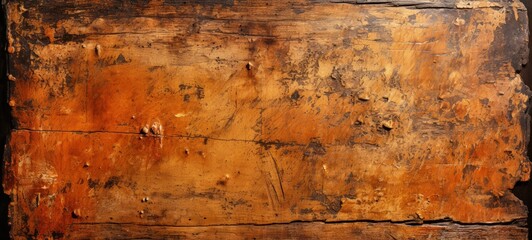 Weathered Wooden Board with Rust Stains and Chipped Paint