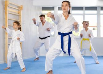 Fototapeta na wymiar Experienced female karateka demonstrating kata sequence of movements to preteen daughter and son emphasizing hand striking techniques during family martial arts training ..