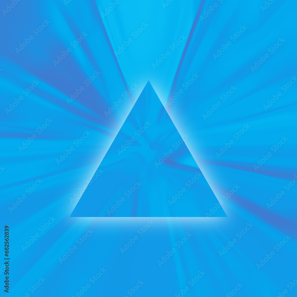 Poster blue square cover background with triangle shape frame in center and white light under triangle. ban