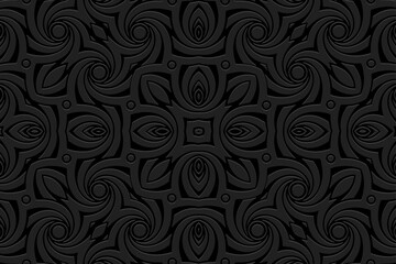 Embossed abstract black background, vintage cover design. Boho style, ornamental handmade. Geometric ethnic 3D pattern. Arabesques of the East, Asia, India, Mexico, Aztec, Peru.
