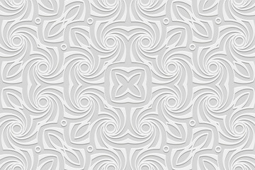 Embossed elegant white background, vintage cover design. Boho style, ornamental handmade. Geometric ethnic 3D pattern. Arabesques of the East, Asia, India, Mexico, Aztec, Peru.