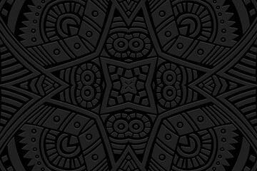 Embossed unique black background, vintage cover design. Boho style, ornamental handmade. Geometric ethnic 3D pattern. Arabesques of the East, Asia, India, Mexico, Aztec, Peru.
