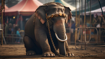 Sad elephant outside a circus tent tied with big chain, no animals in circuses