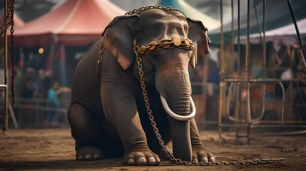 Muurstickers Sad elephant outside a circus tent tied with big chain, no animals in circuses © Massimo Todaro