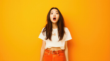 Young asian woman wearing casual clothes looking shocked and surprised with hands and mouth. afraid and surprised. - obrazy, fototapety, plakaty