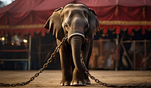 Sad elephant outside a circus tent tied with big chain, no animals in circuses
