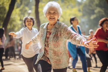 Elderly women dancing in park. Happy square dance senior people in China. Outdoor physical activity for grandparents - obrazy, fototapety, plakaty