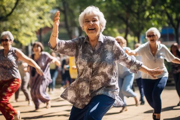 Rolgordijnen Elderly women dancing in park. Happy square dance senior people. Outdoor physical activity for grandparents © Ron Dale