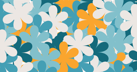 Abstract vector background featuring a pattern of simplistic flowers with petals in a flat design style. The color palette includes shades of blue, white, and orange