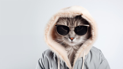 Stylish cat in black glasses and warm jacket on white background with space for text. Studio portrait of a cat in winter clothes.